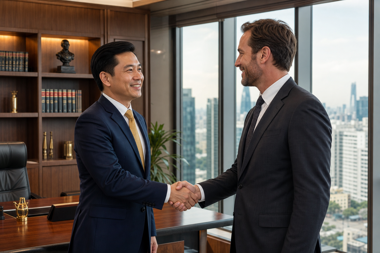 Vietnamese lawyer shaking hands with foreign partner in corporate office